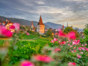 Burg in Zug zum Sonnenuntergang
